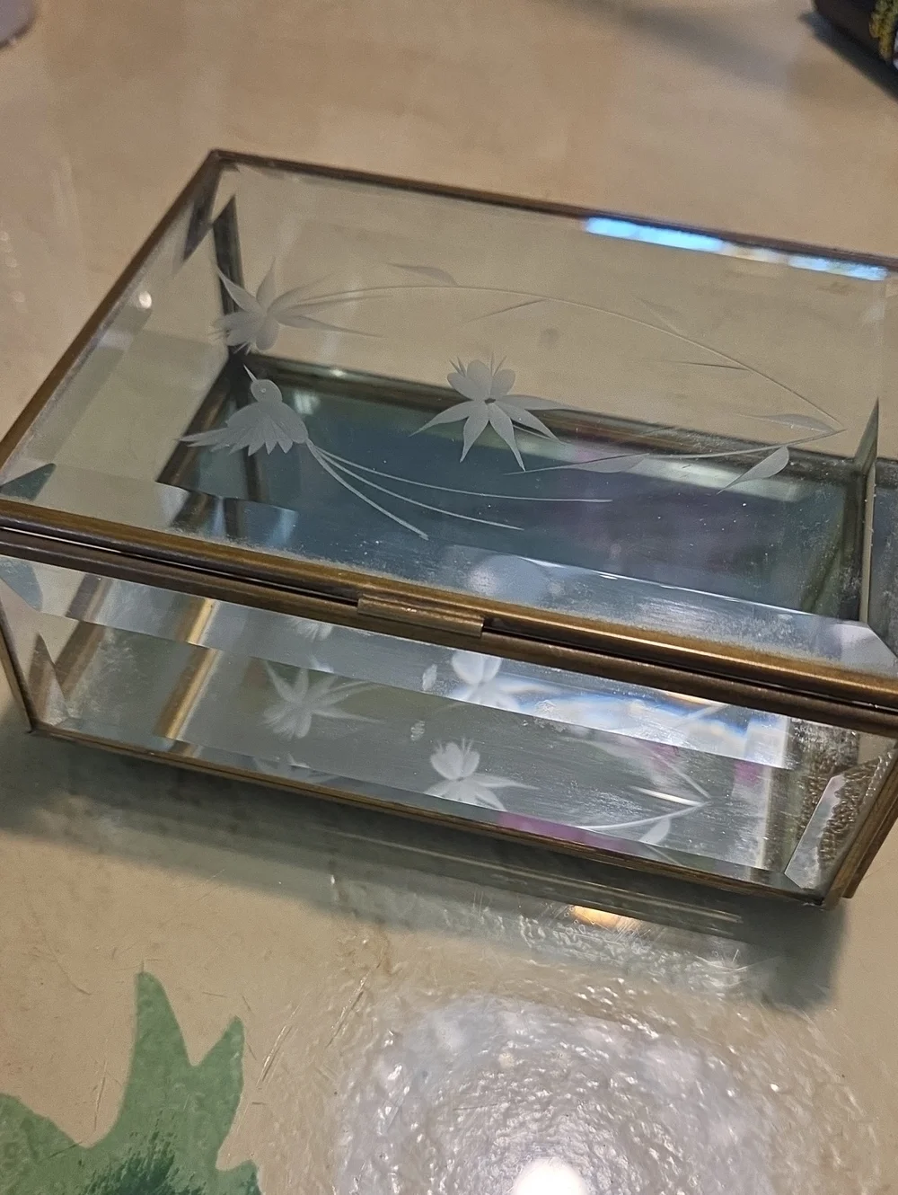 Vintage Etched Floral Jewelry Box with Brass Frame - Clear
